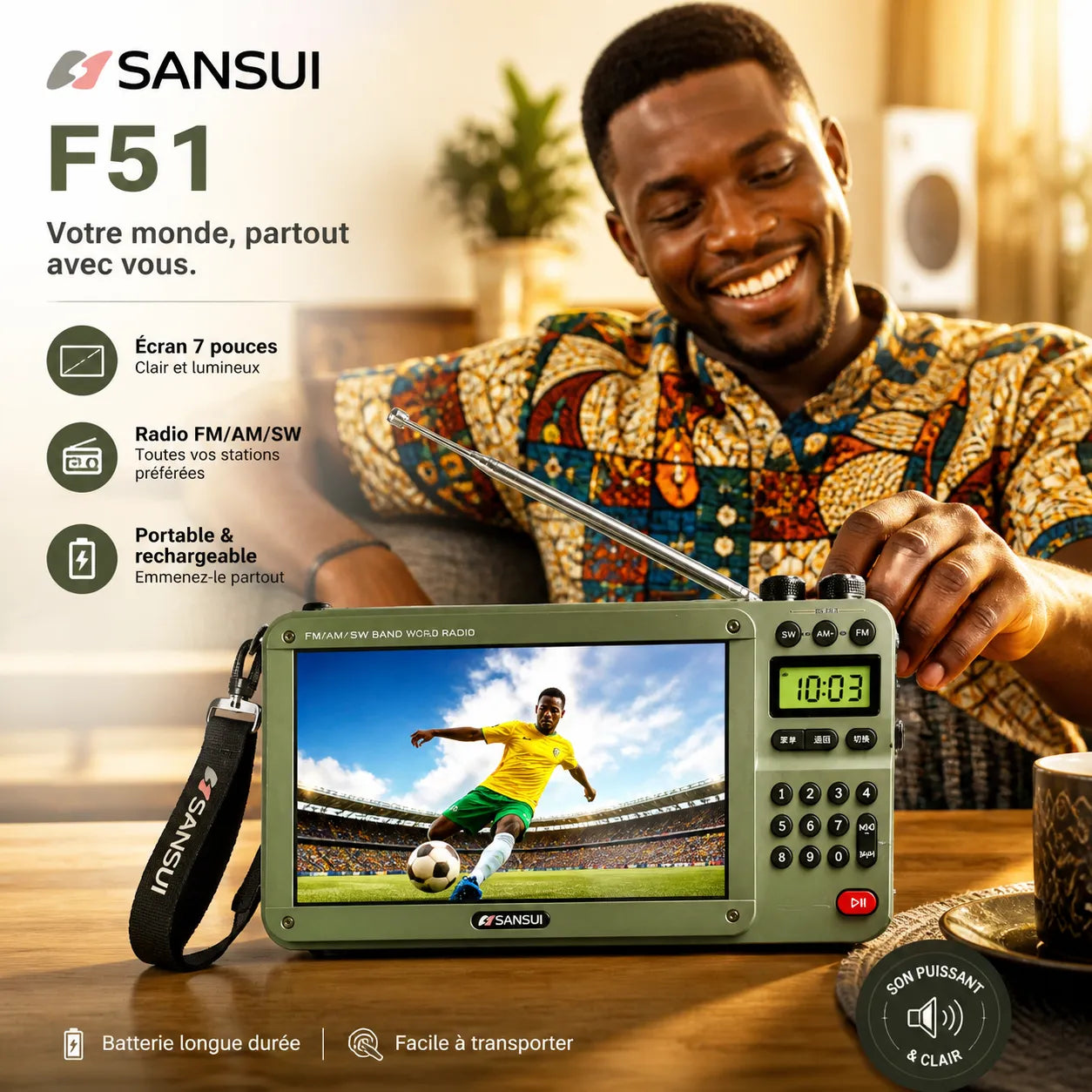 Sansui F51 – Grand Écran Portable pour Vidéos, Radio & Musique CG